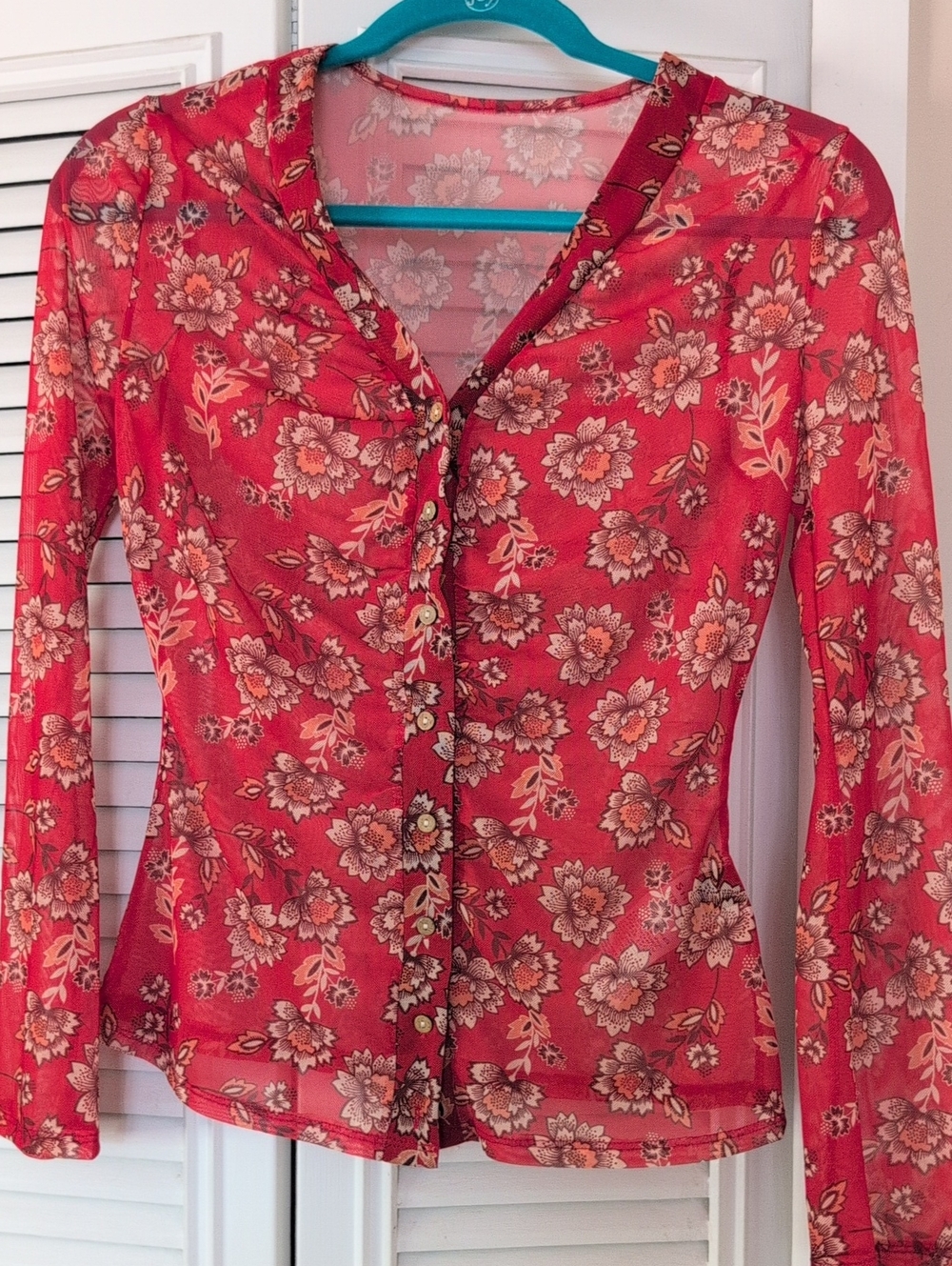 Floral Button-Front Sheer Blouse - Red